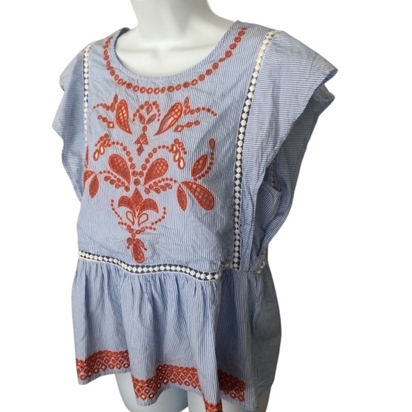 Skies are Blue blue white striped orange embroidered peplum top size small - Picture 3 of 8